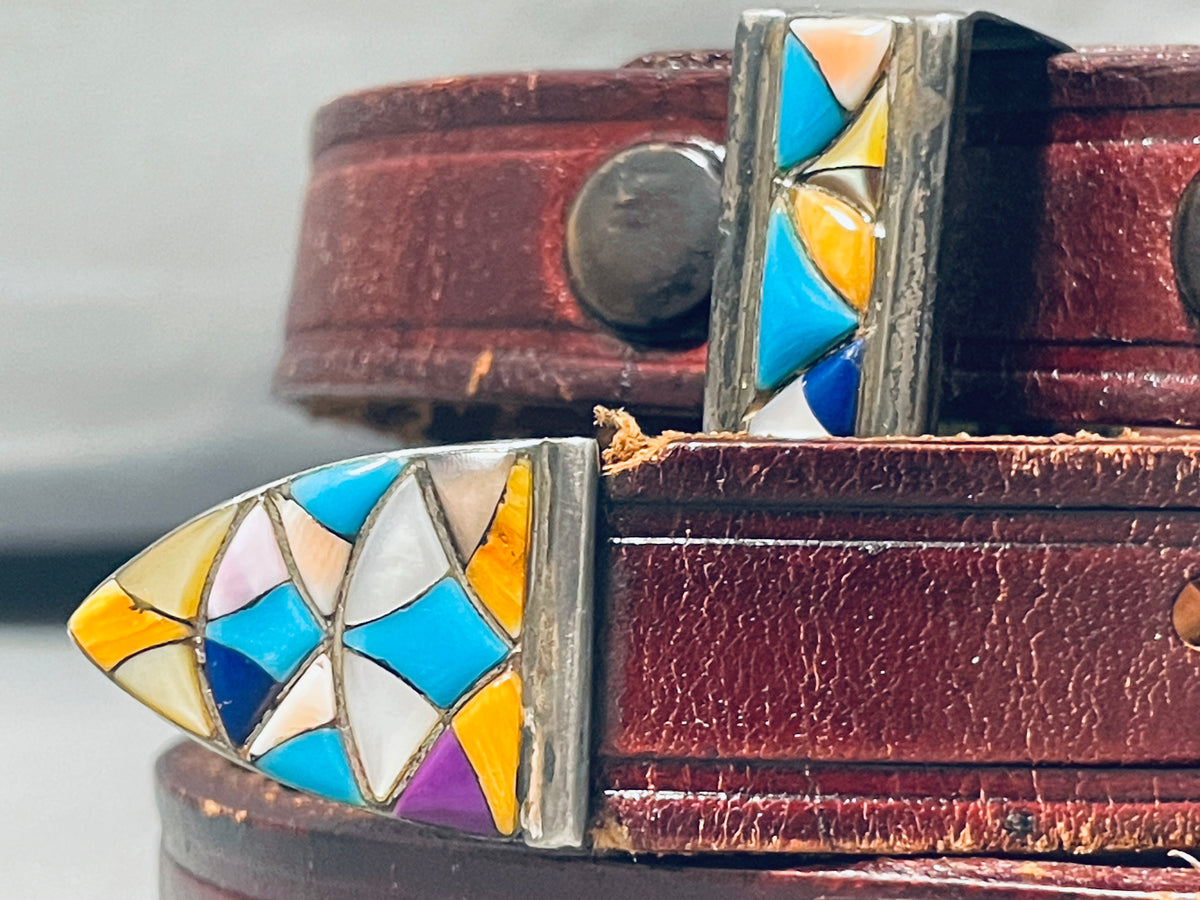 Native American turquoise and lizard vintage belt. Native American Colorful Very Intricate Inlay Vintage  main image 4
