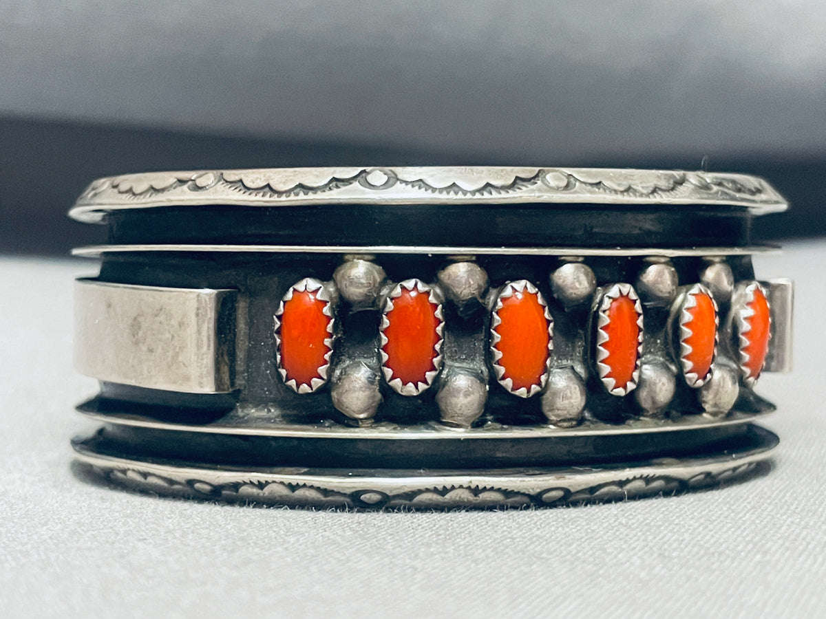 Rare Vintage Native American Navajo Coral Sterling Silver Channel Brac ...
