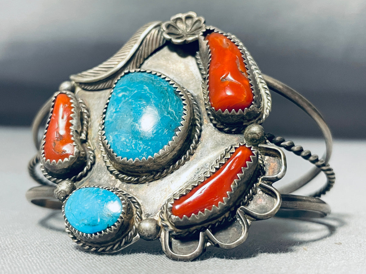 Chunky Coral Vintage Native American Navajo Turquoise Sterling Silver ...