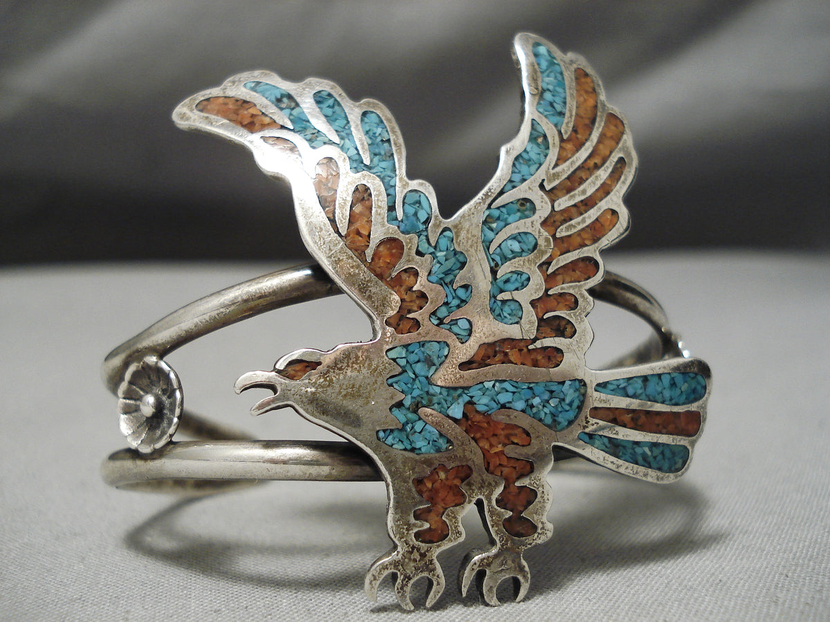 Detailed!! Vintage Native American Navajo Will Singer Eagle Turquoise  Sterling Silver Bracelet