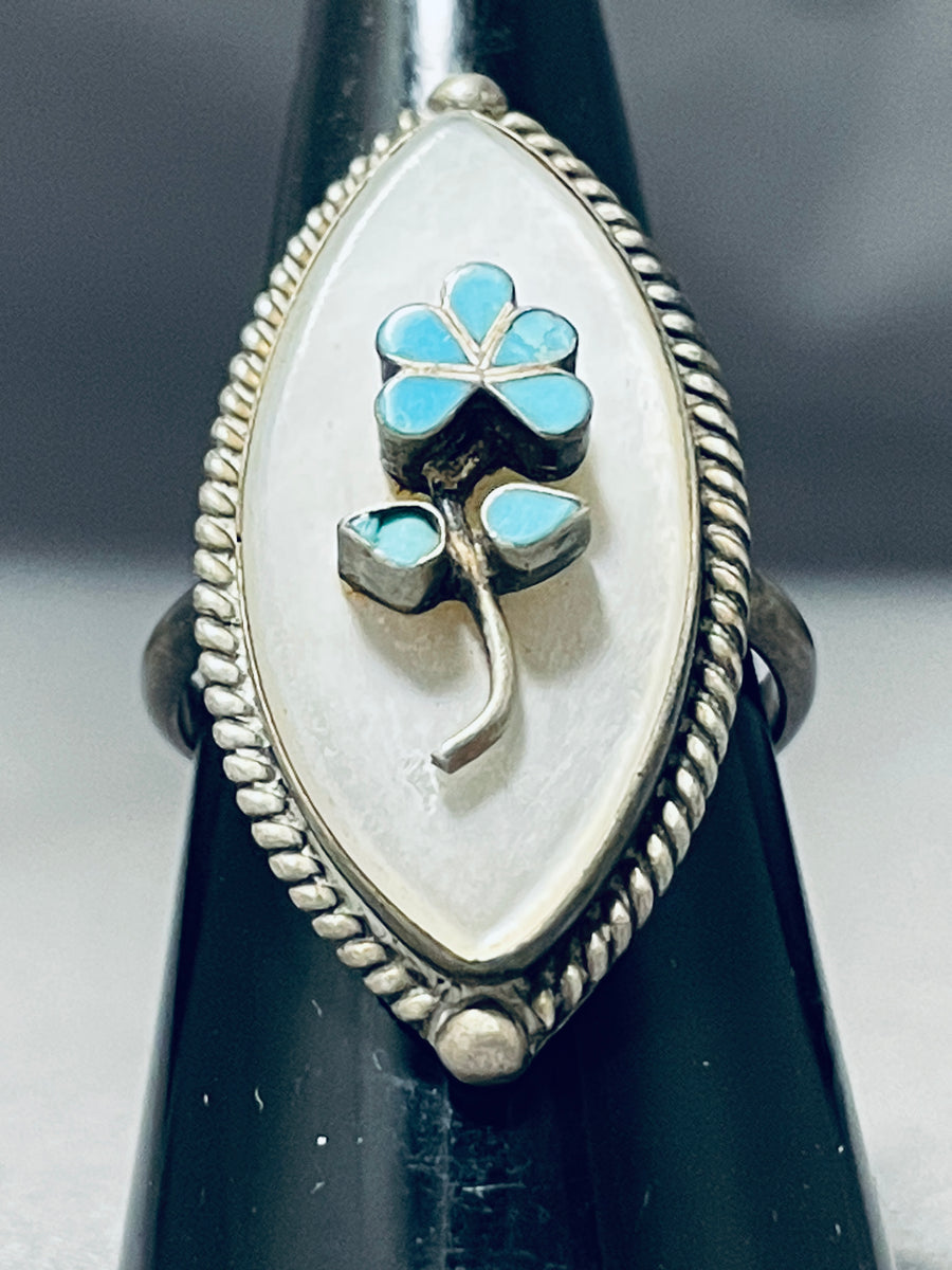 Vintage Silver Zuni Flower Inlay fashion Ring Turquoise Mother-of-Pearl Ring Jewelry