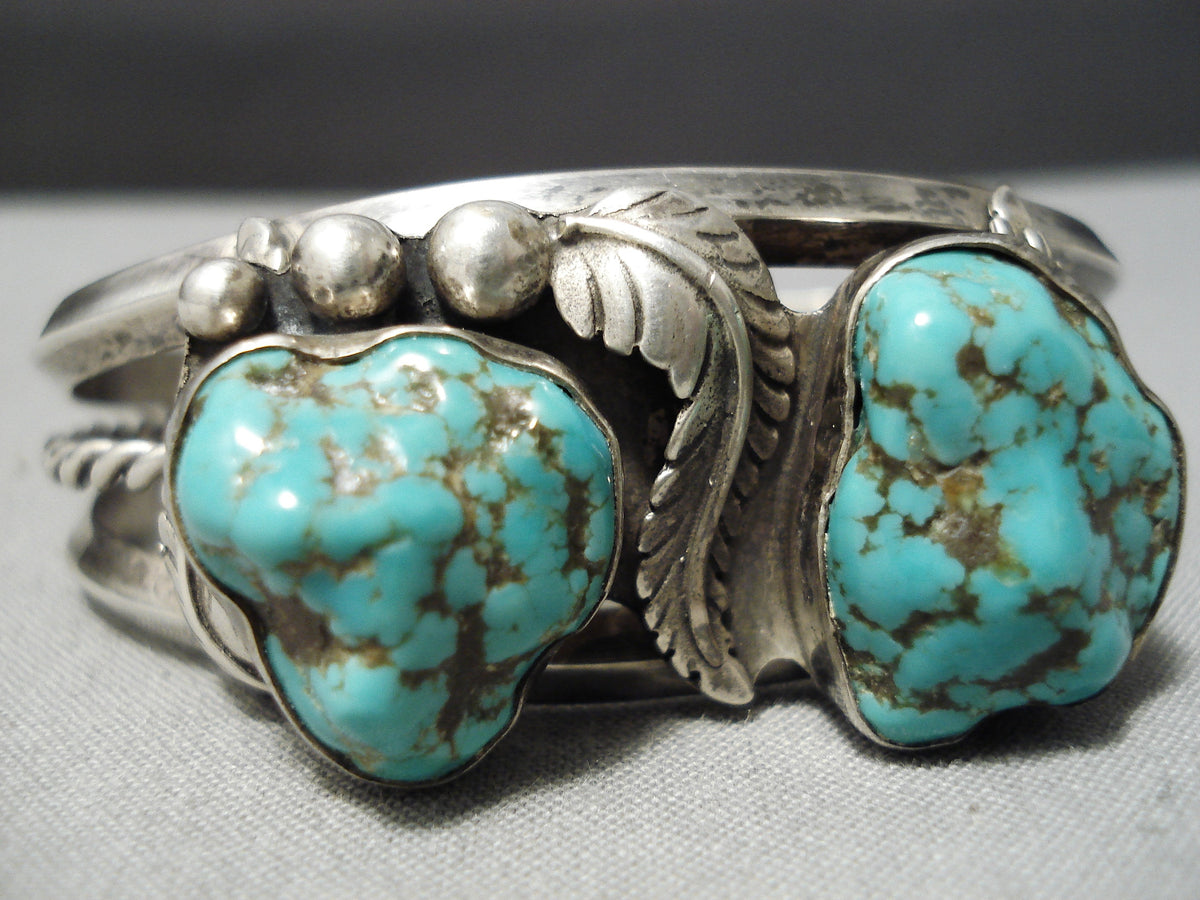 2 Chunky Turquoise Vintage Native American Navajo Sterling Silver Leaf ...