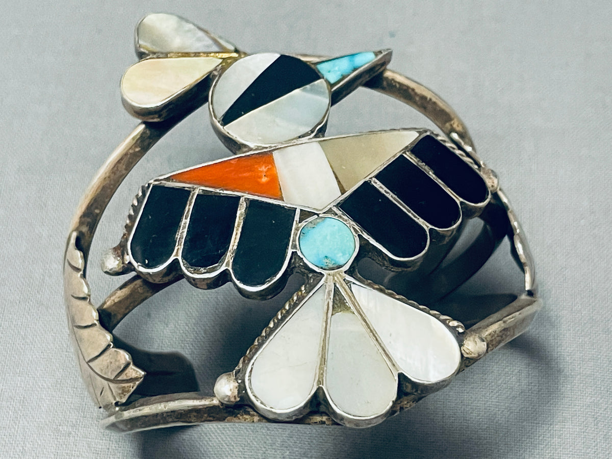 VTG good NAVAJO SIGNED STERLING SILVER ZUNI INLAY BRACELET #A53