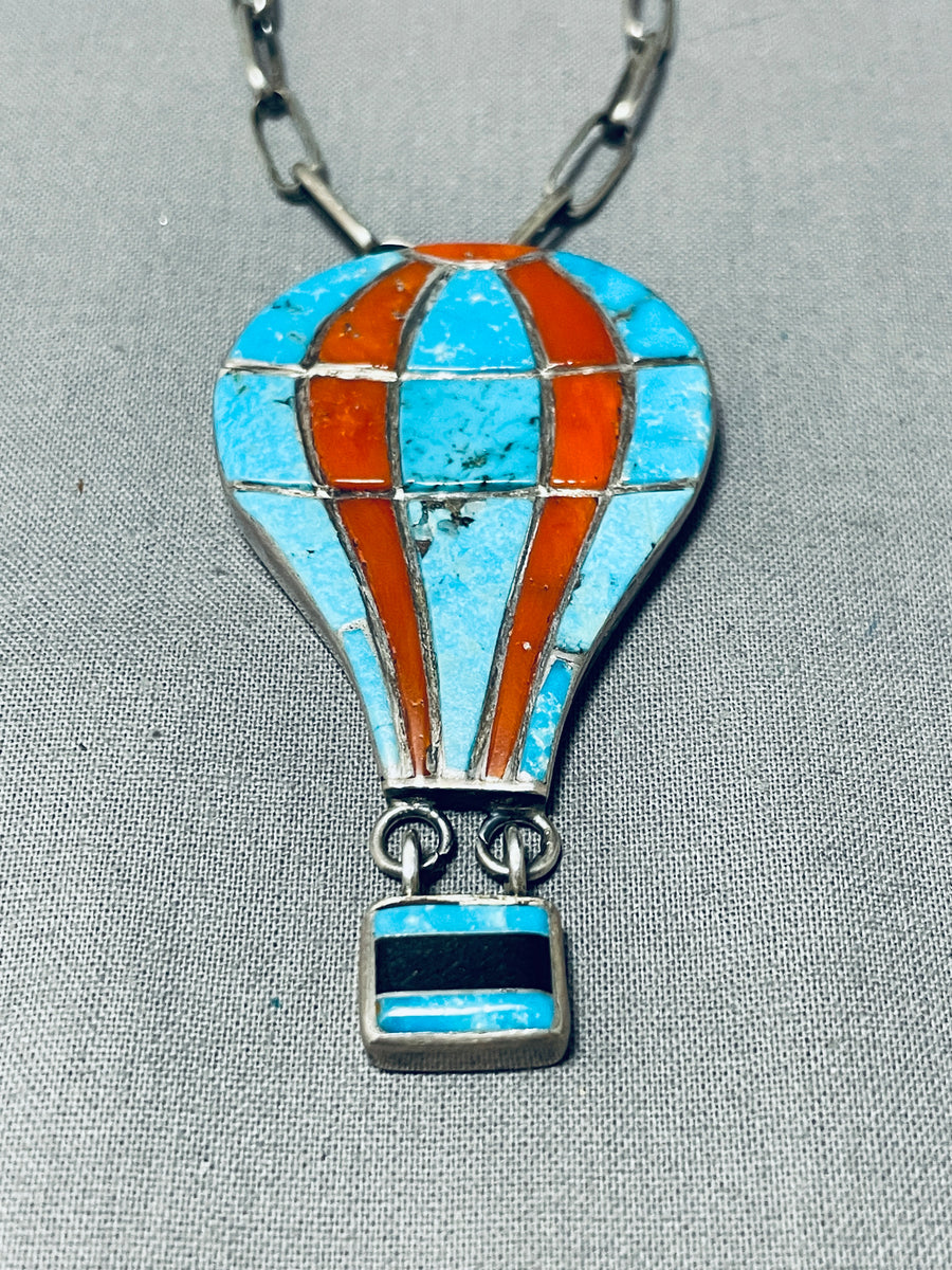 Ultra Rare Vintage Native American Navajo Turquoise Coral Balloon Sterling  Silver Necklace