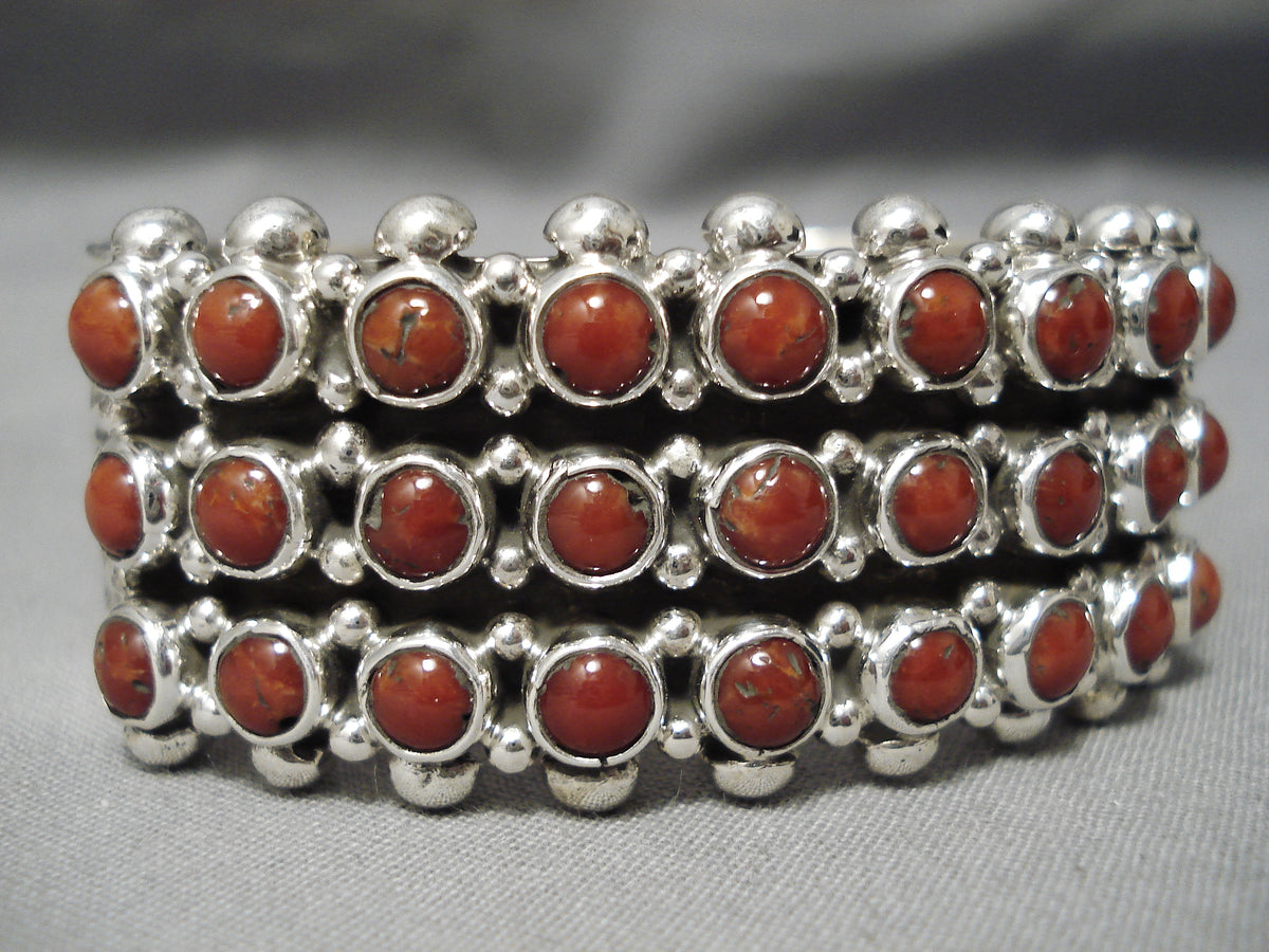 Heavy Vintage Navajo Domed Coral Sterling Silver Native American Brace ...