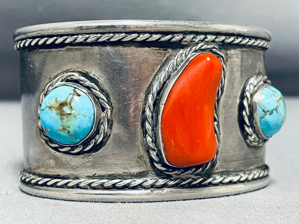 Heavy Thick Vintage Native American Navajo Turquoise Coral Sterling Si ...