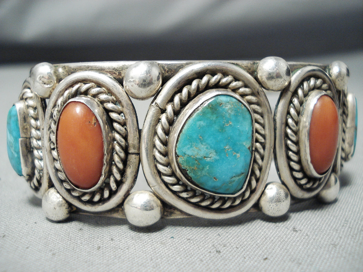 Thick Heavy Vintage Native American Navajo Turquoise Coral Sterling Si ...