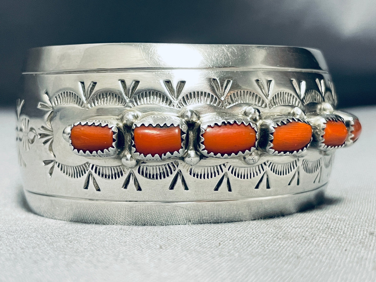 Wide Vintage Native American Navajo Chunky Coral Sterling Silver Brace ...
