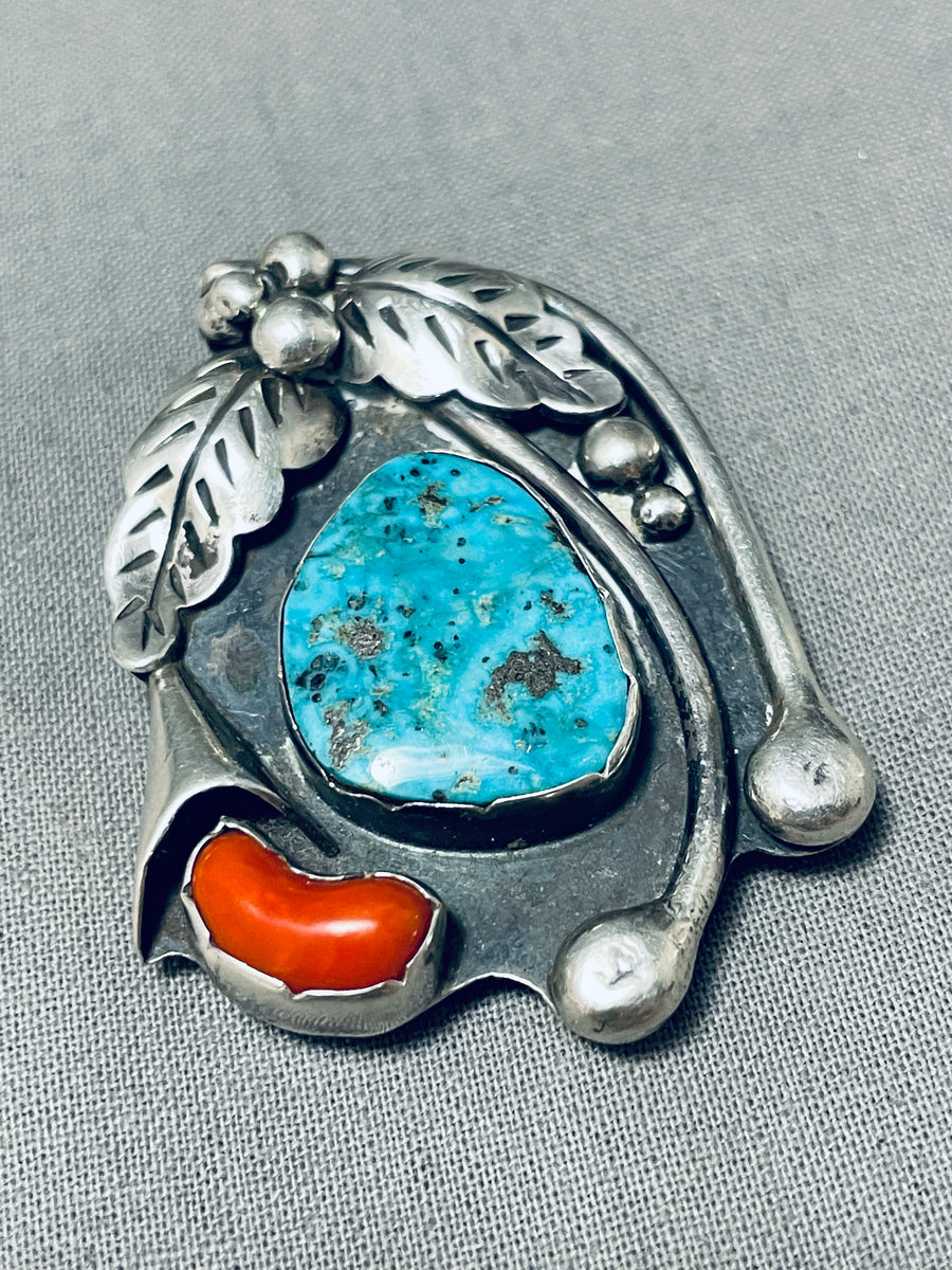 Native American Important Vintage Navajo Turquoise Coral Sterling Silver  Pendant Pin Old