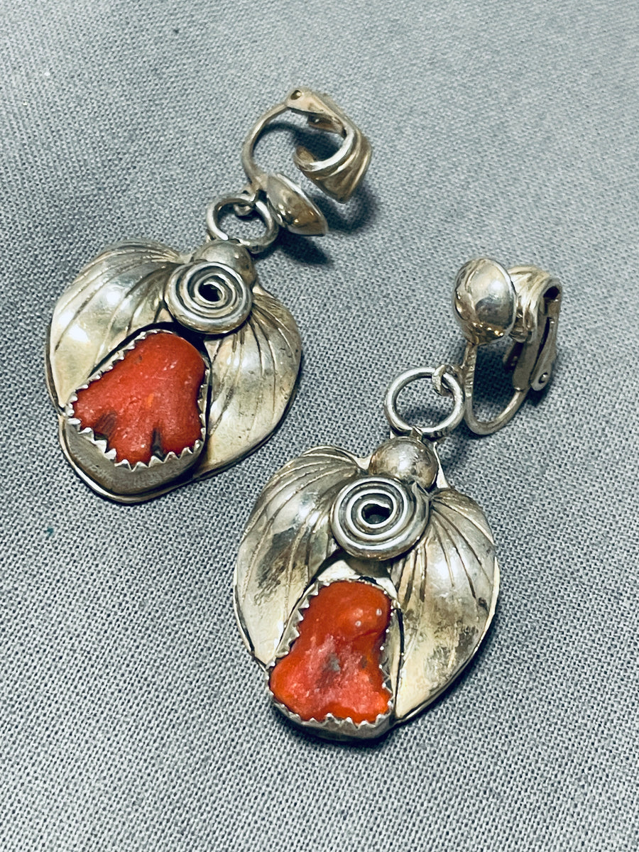Double Chunky Vintage Native American Navajo Coral Sterling Silver Lea ...