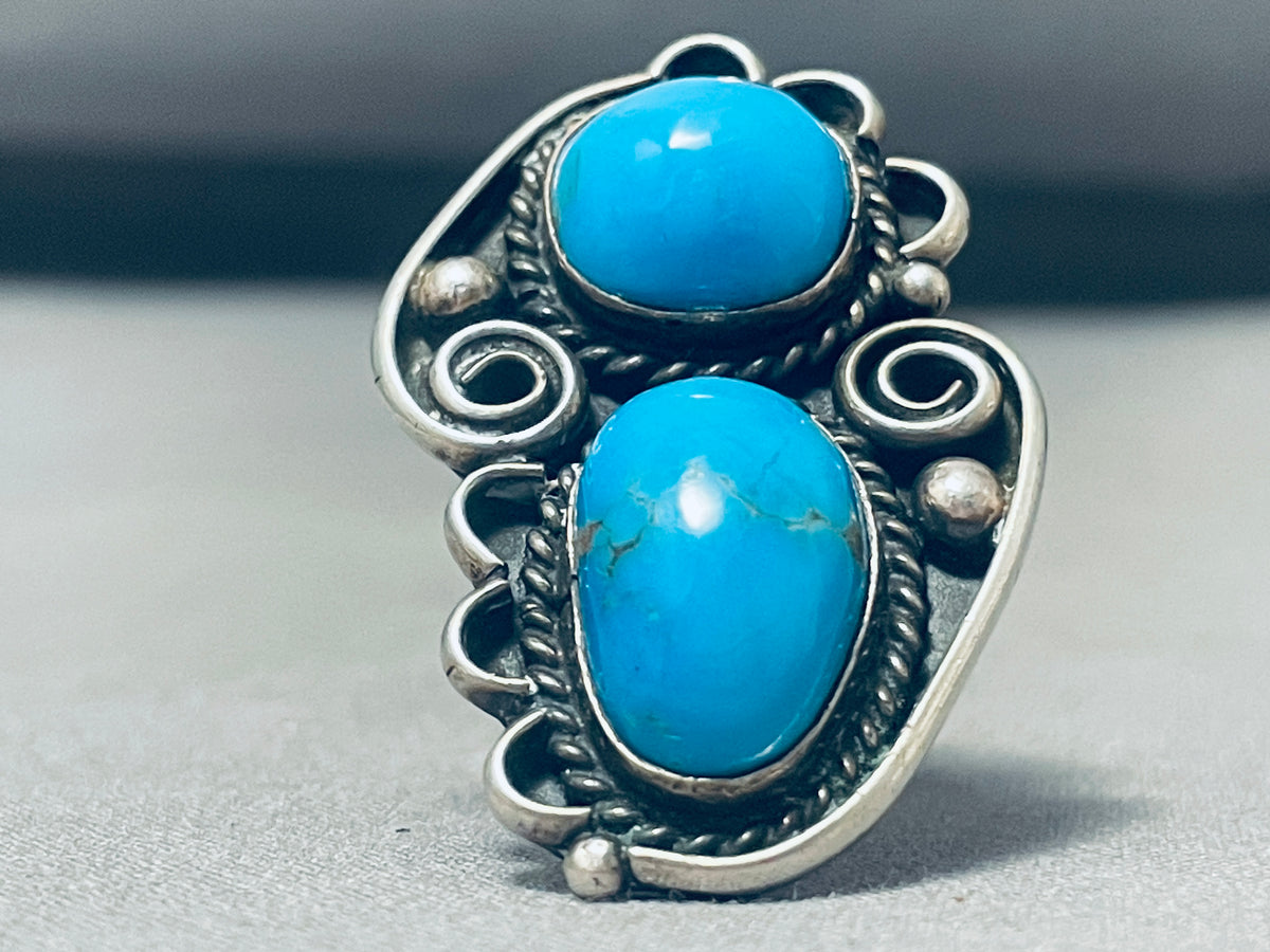 VTG Old Large Double Turquoise Sterling Silver Ring 2024 Sz 7.5