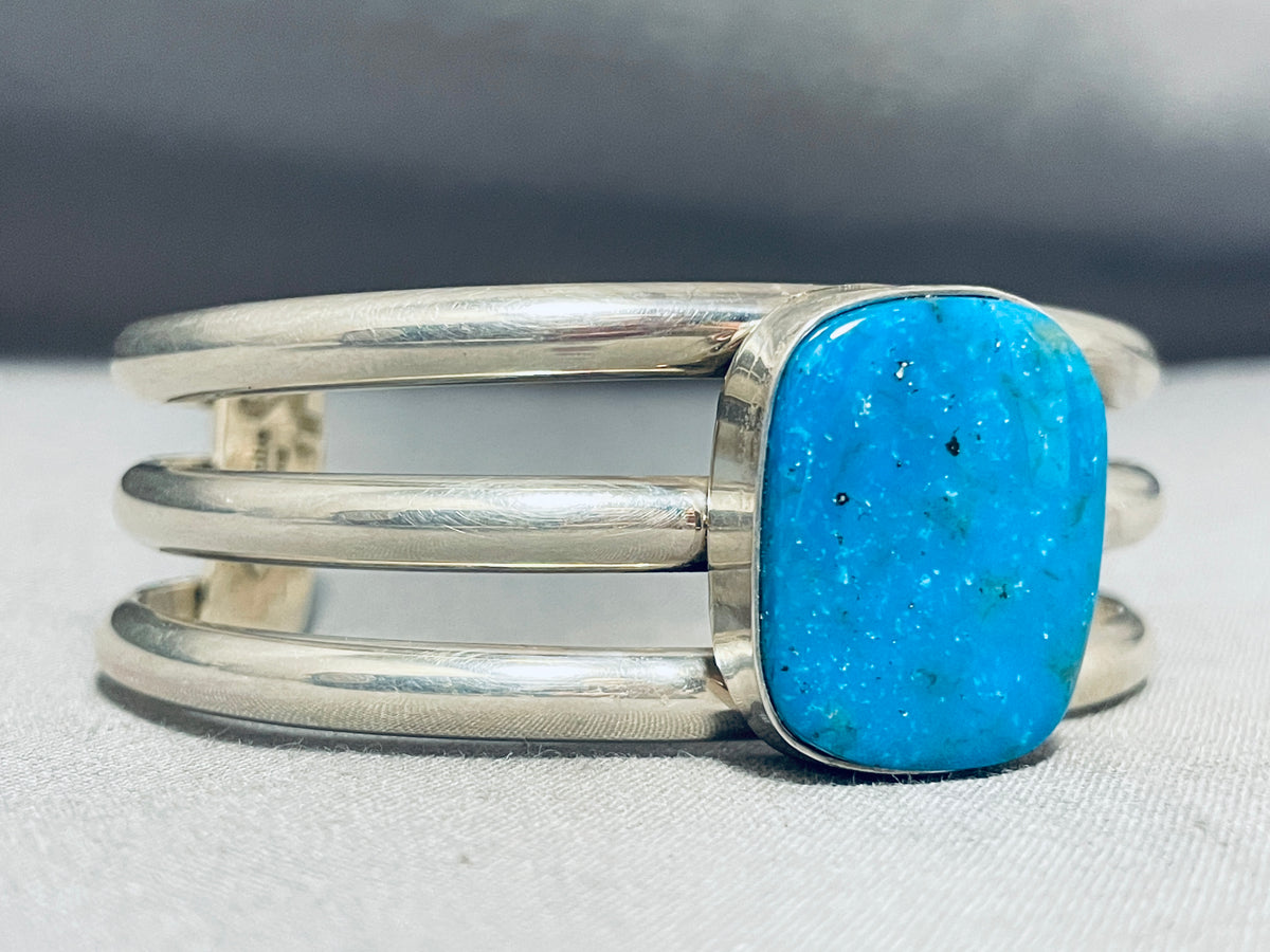 Brilliant Native American Navajo Signed Kingman Turquoise Square Sterl ...