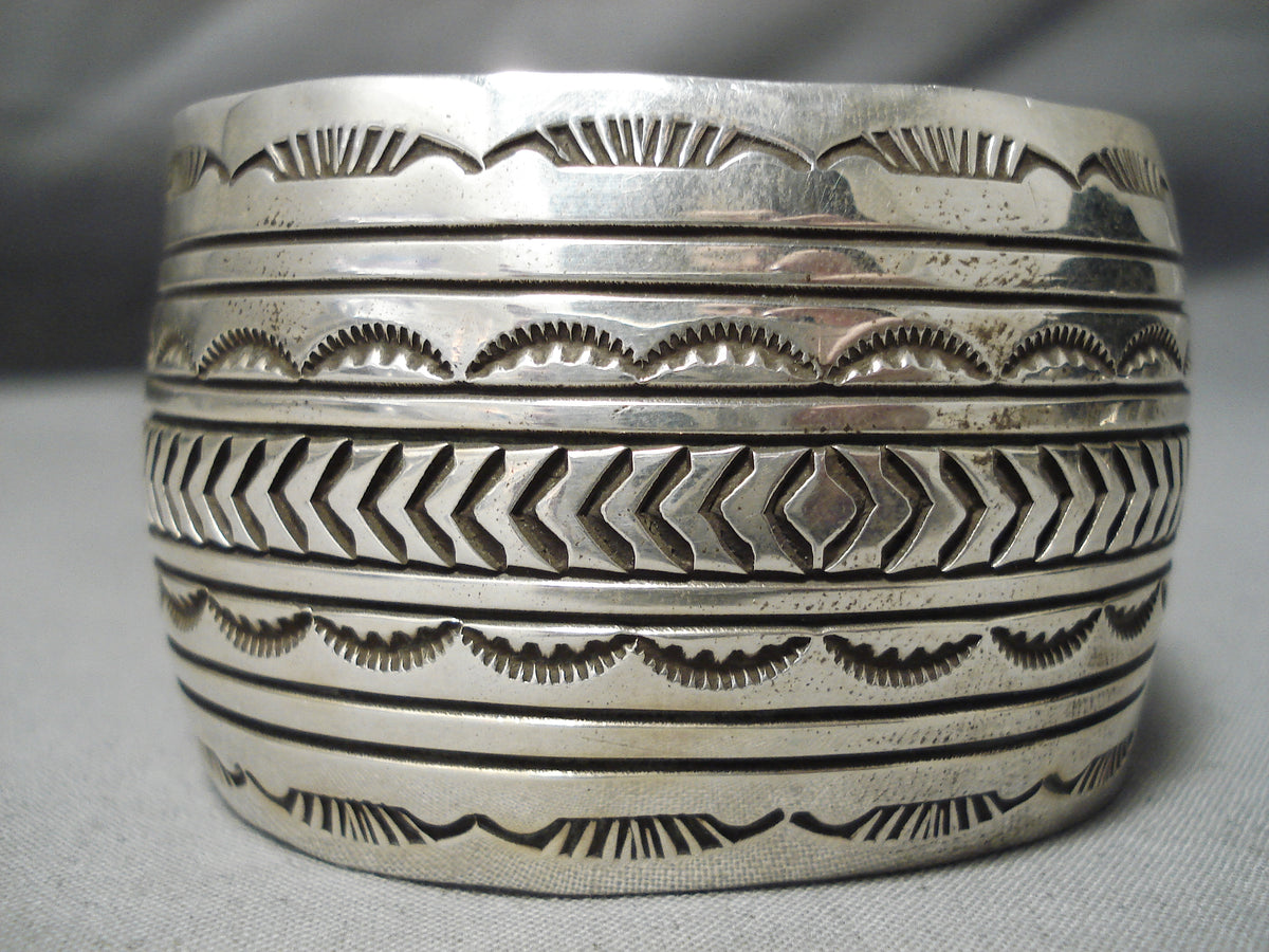 Huge So Detailed Vintage Native American Navajo Hand Tooled Sterling Silver  Bracelet Cuff