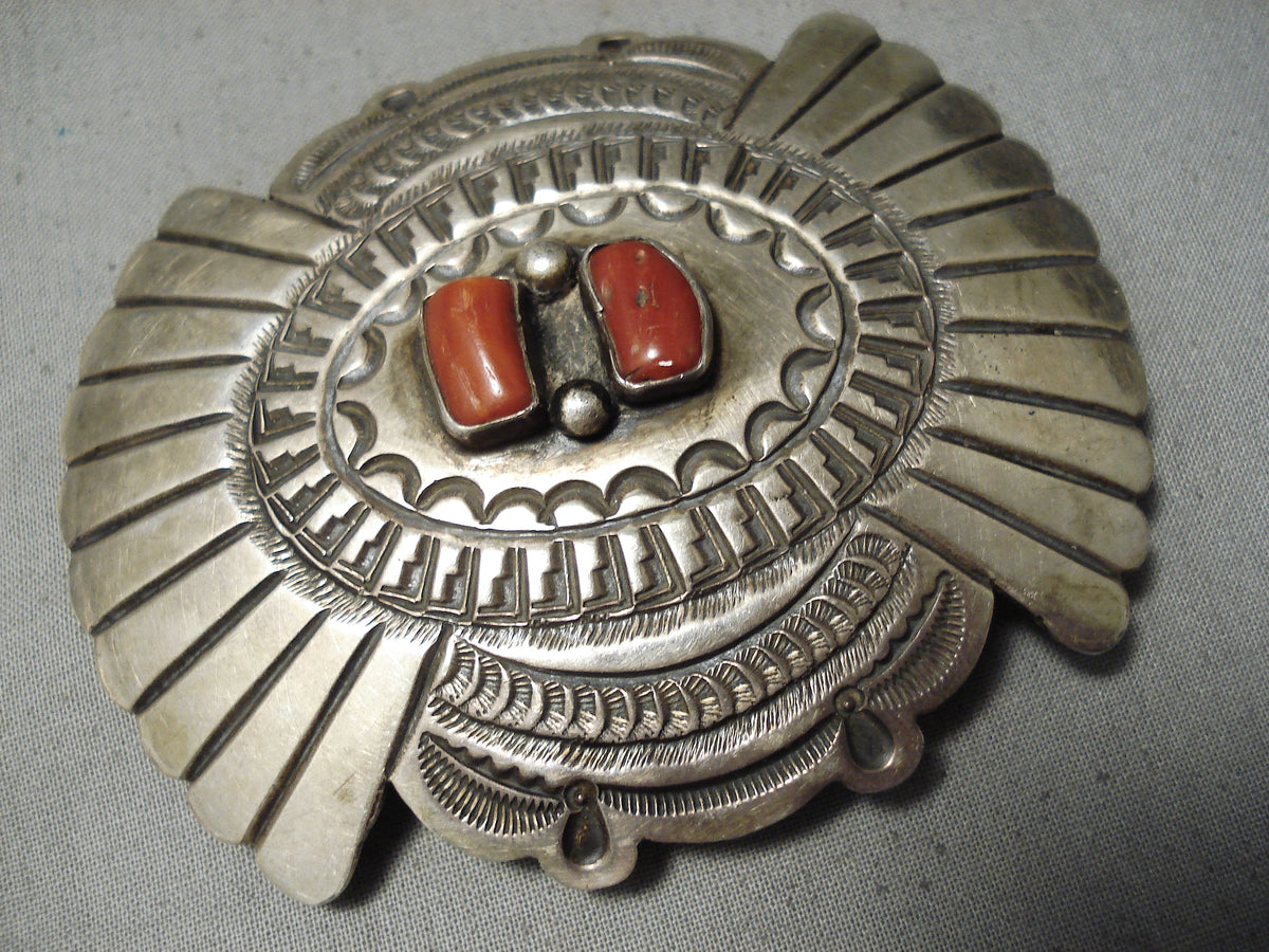 Heavy Huge Vintage Native American Navajo Coral Sterling Silver Sun St ...