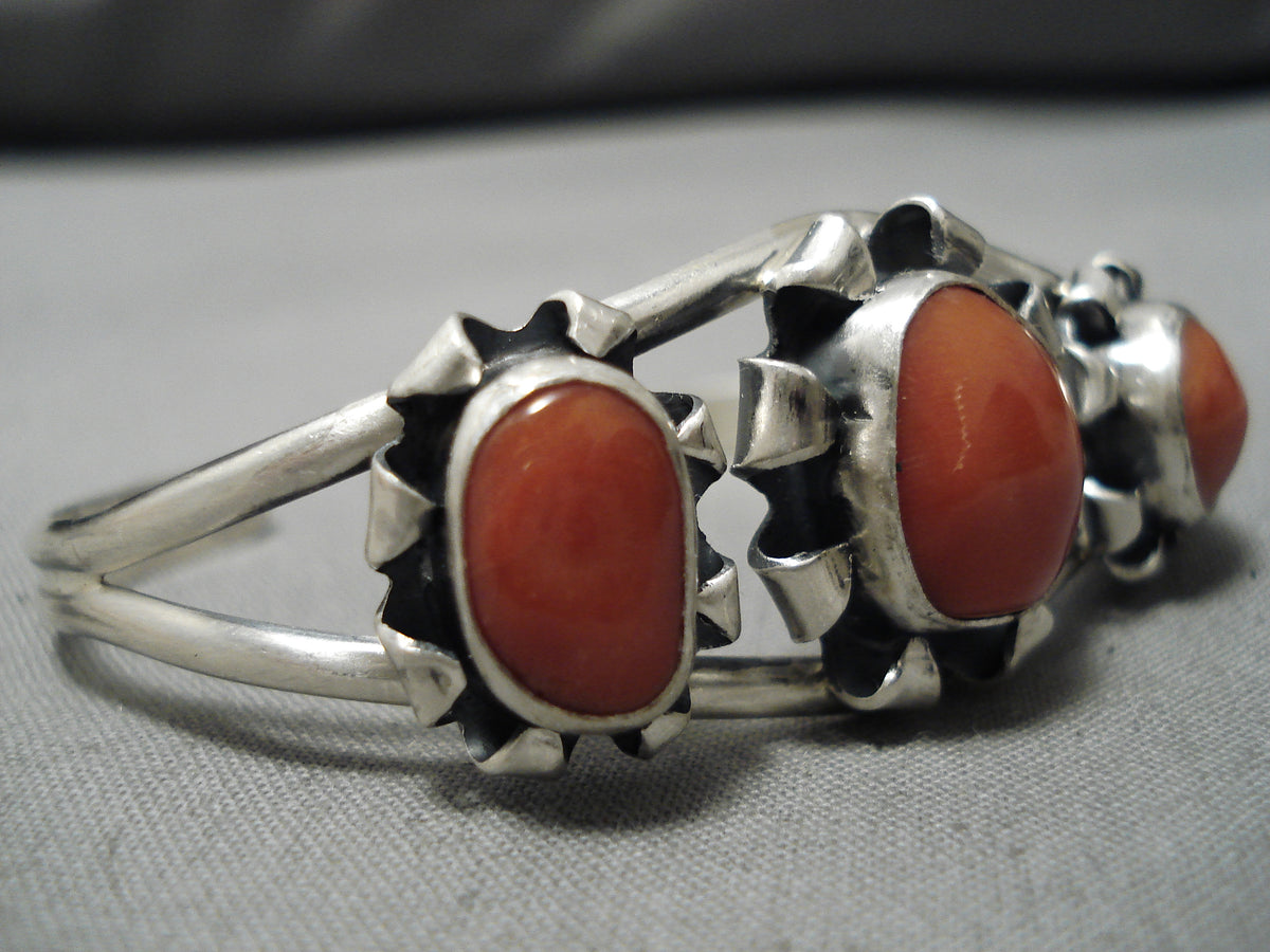 Chunky Domed Red Coral Vintage Native American Navajo Sterling Silver ...