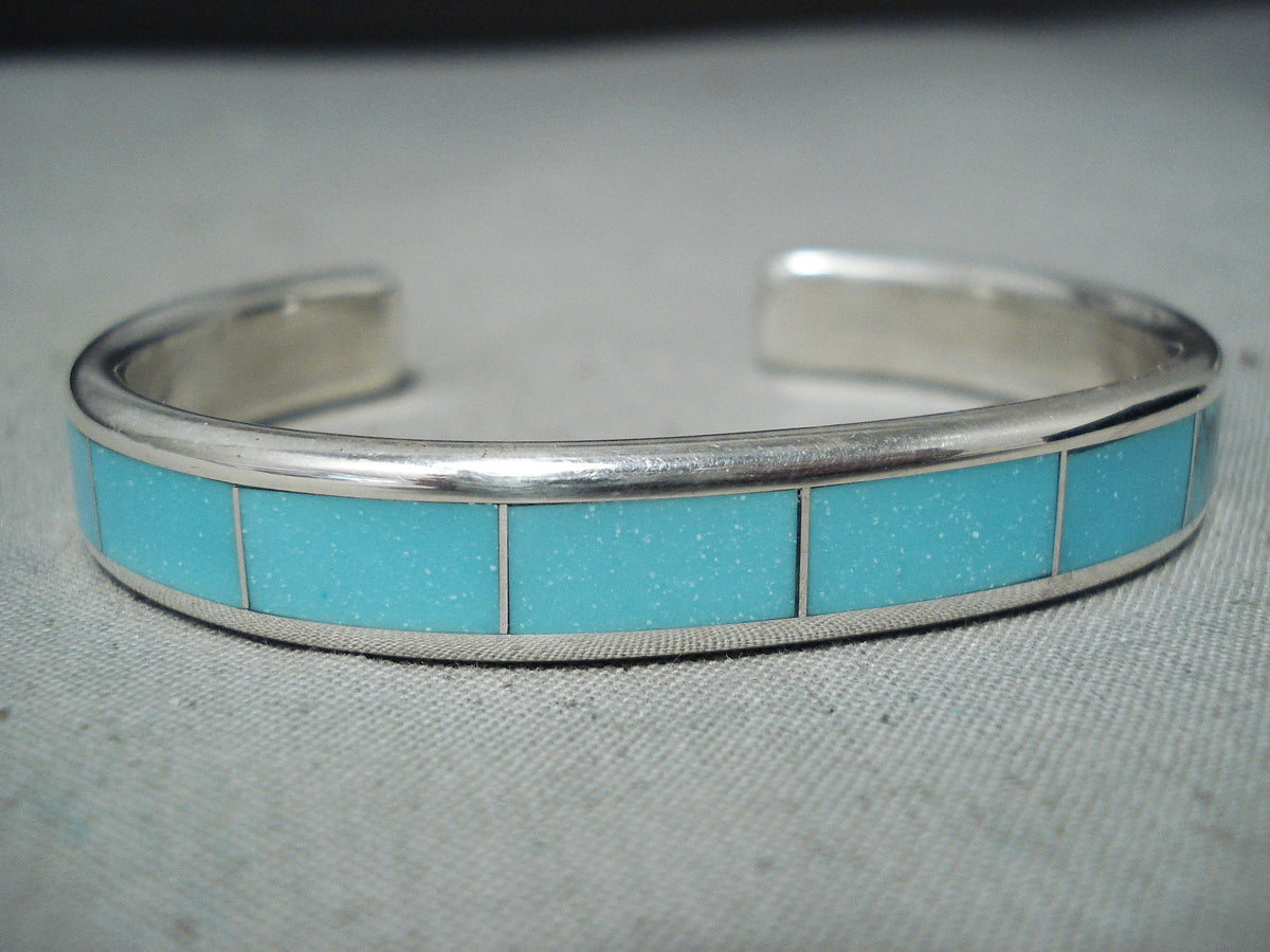 Fabulous Native American Zuni Old Kingman Turquoise Inlay Sterling Sil ...