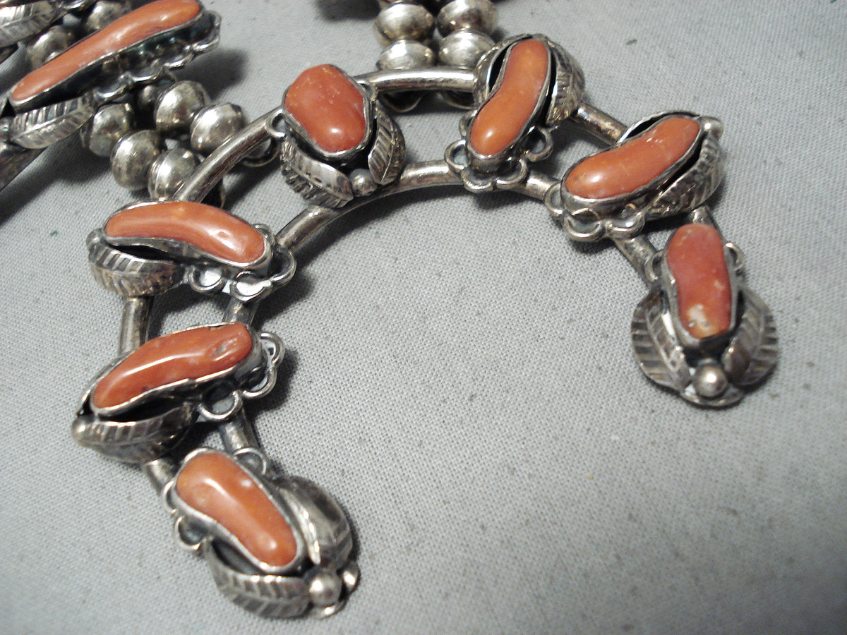 Chunky Coral Vintage Native American Navajo Sterling Silver Squash Blo ...