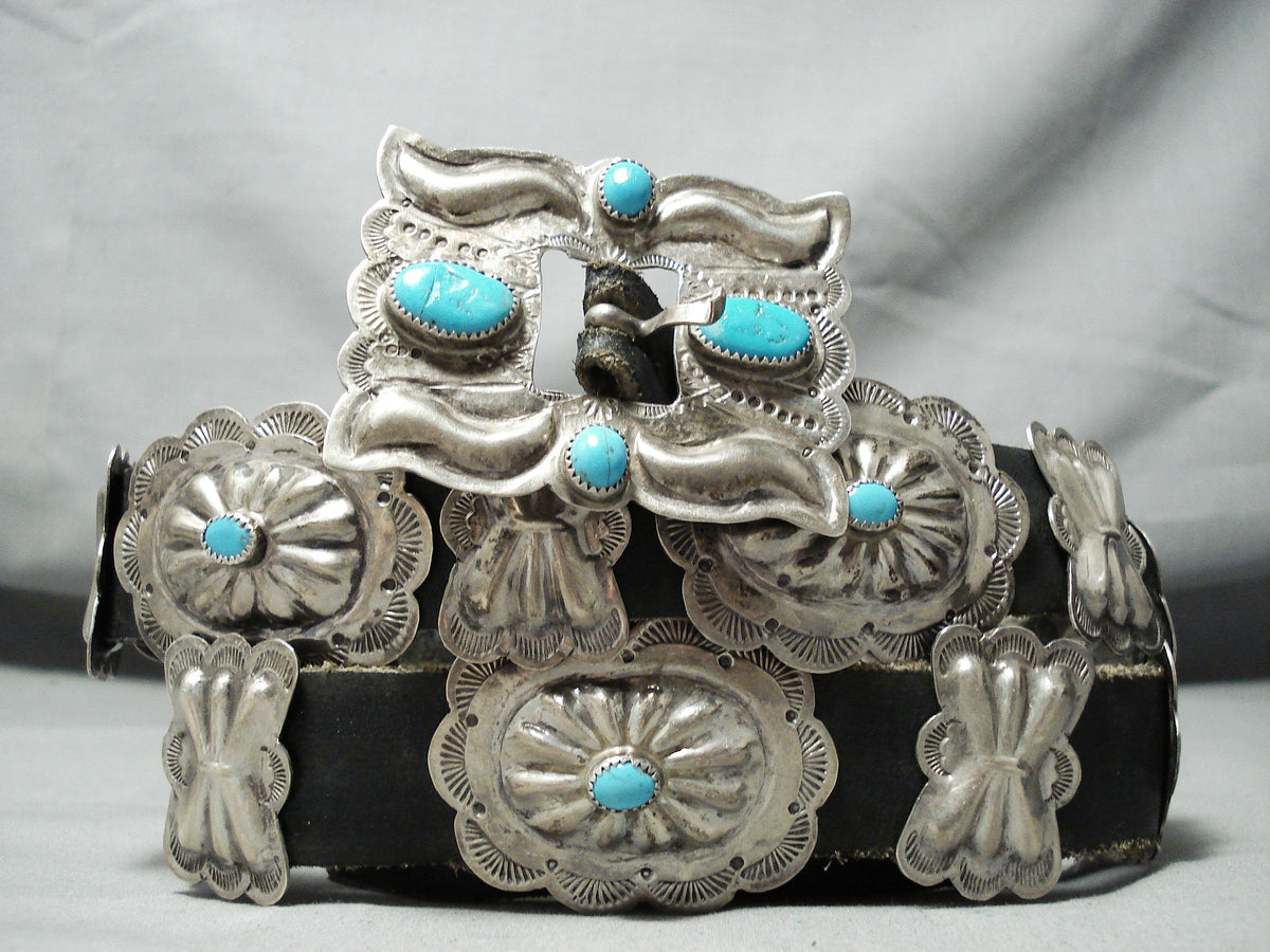 Antique Native American Indian Art Concho Belt Sterling Silver & Turquoise 12pc Very Old Heavy Vintage Native American Navajo Turquoise  main image 2