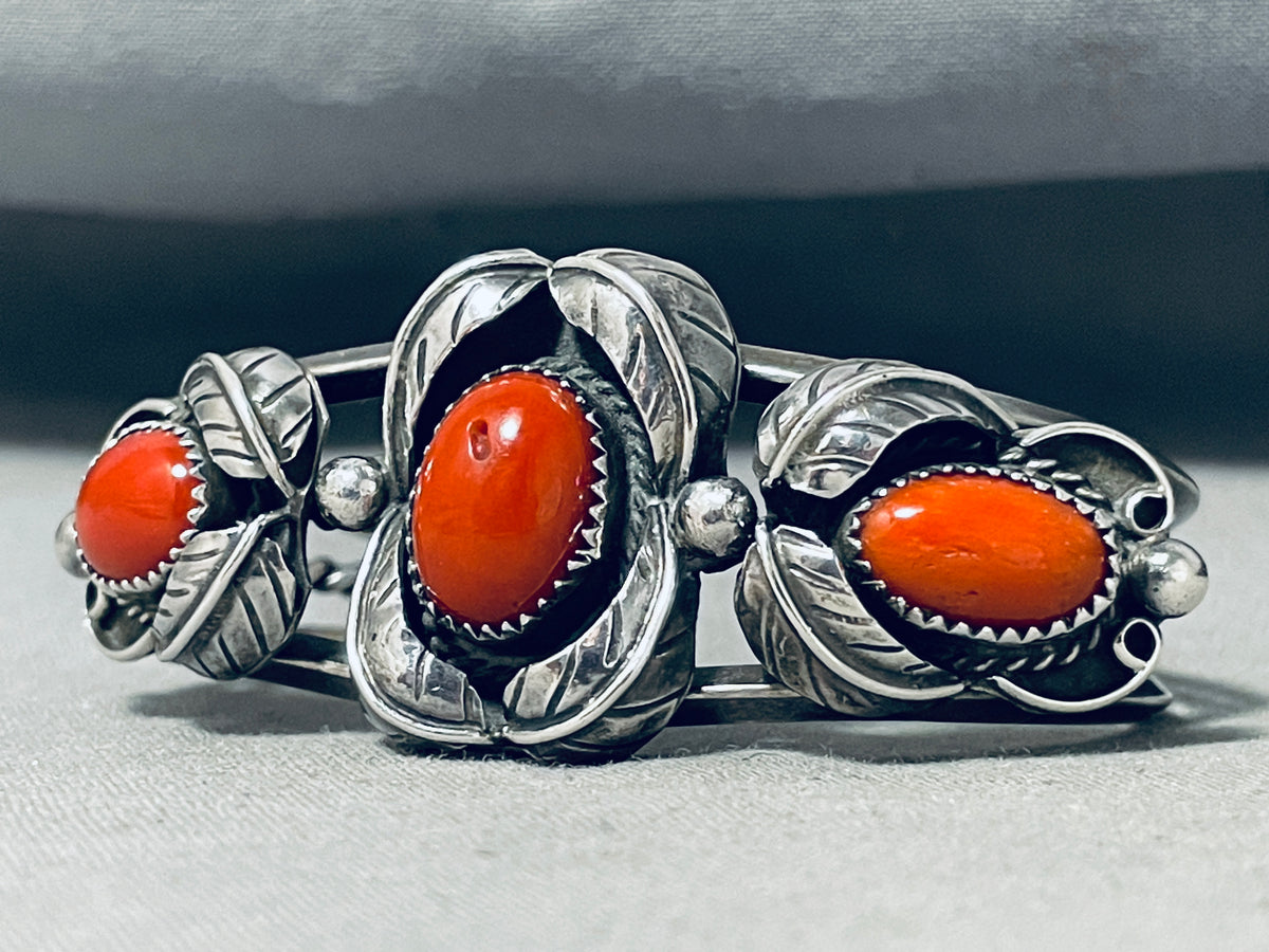 Super Chunky Coral Vintage Native American Navajo Sterling Silver Leaf ...