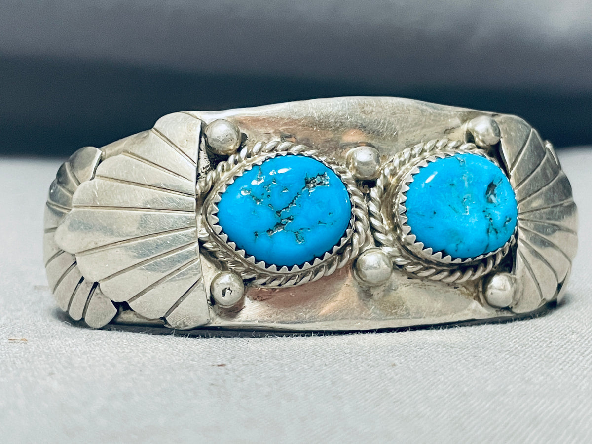 Sturdy Vintage Native American Navajo Two Turquoise Sterling Silver Sh ...