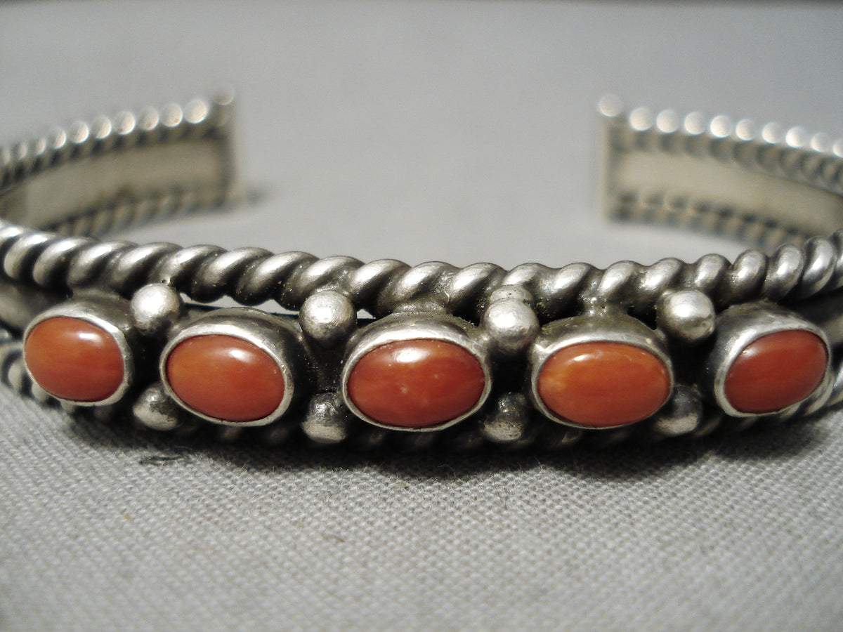 Thicker Vintage Native American Navajo Rope Sterling Silver Coral Brac ...