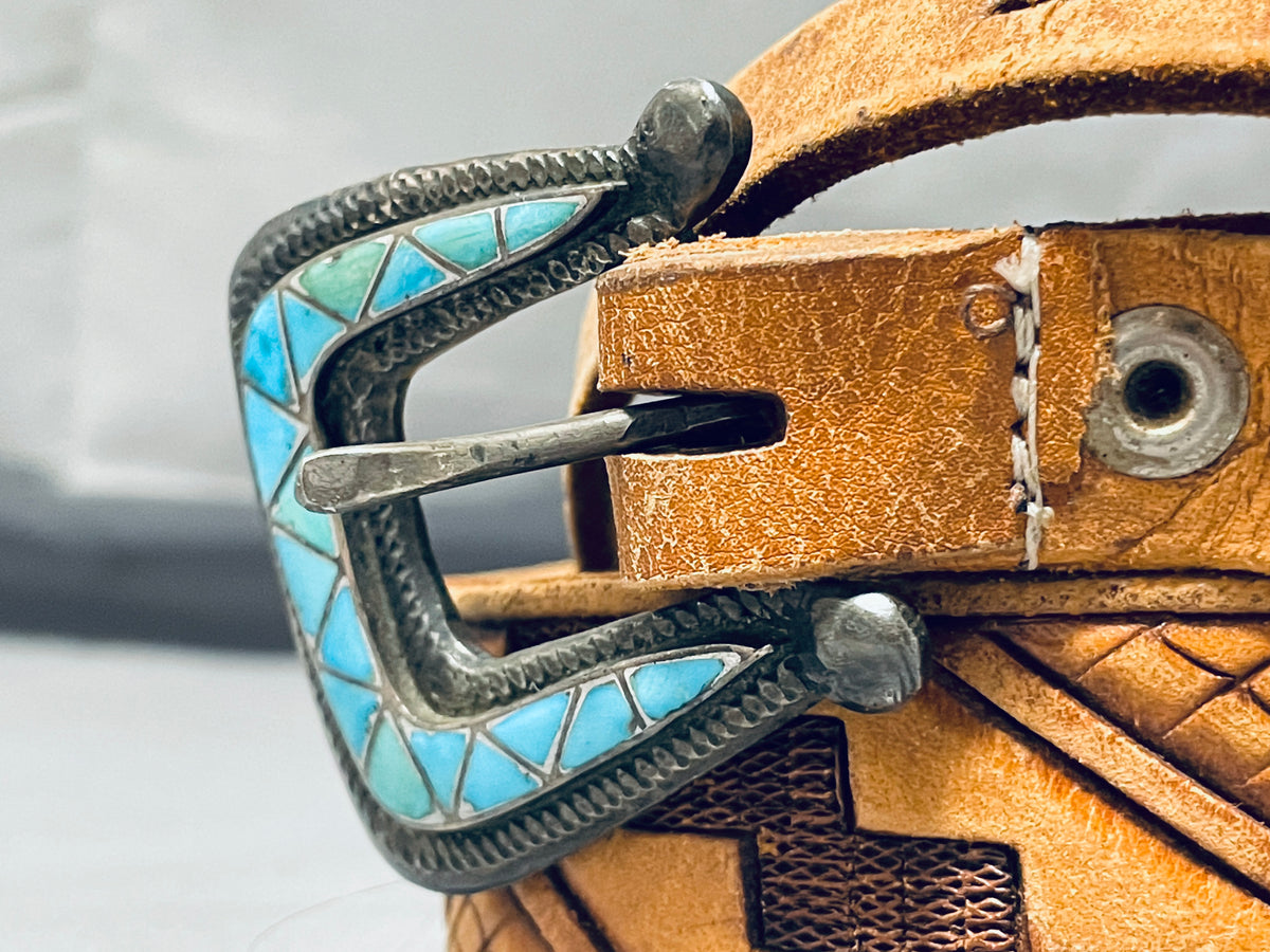 Sterling 925 Silver with Turquoise Inlay Buckle on  Braided Leather Ranger Belt Native American Museum Vintage Zuni Turquoise Inlay Sterling  main image 4
