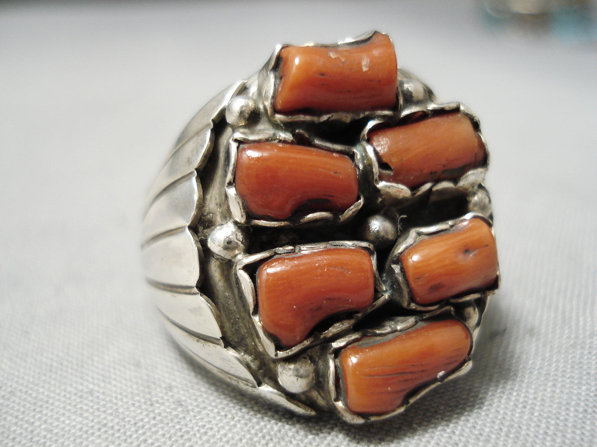 Amazing Vintage Navajo Chunky Coral Sterling Silver Native American Ri ...