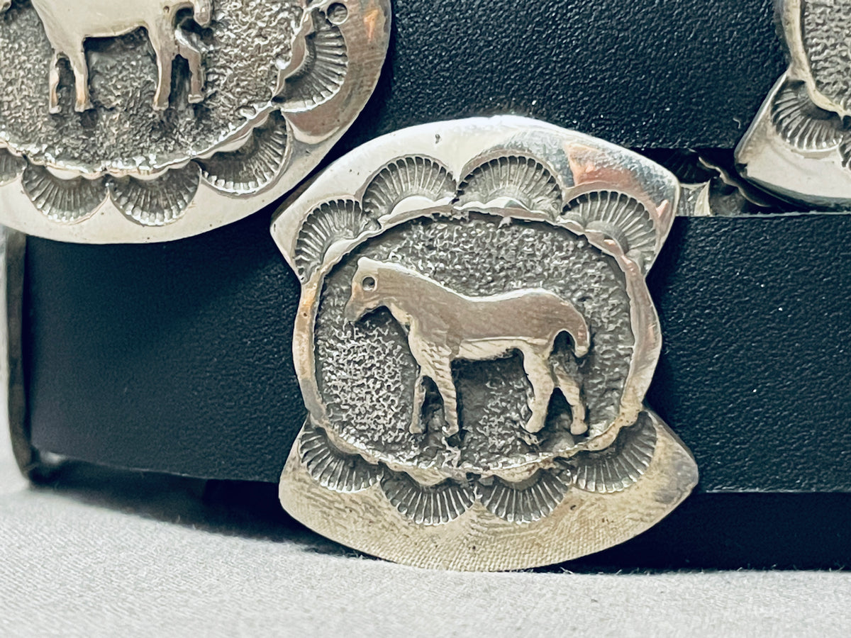 HORSE LOVE HAND CARVED NATIVE AMERICAN NAVAJO STERLING SILVER CONCHO BELT Horse Love Hand Carved Native American Navajo Sterling  main image 2