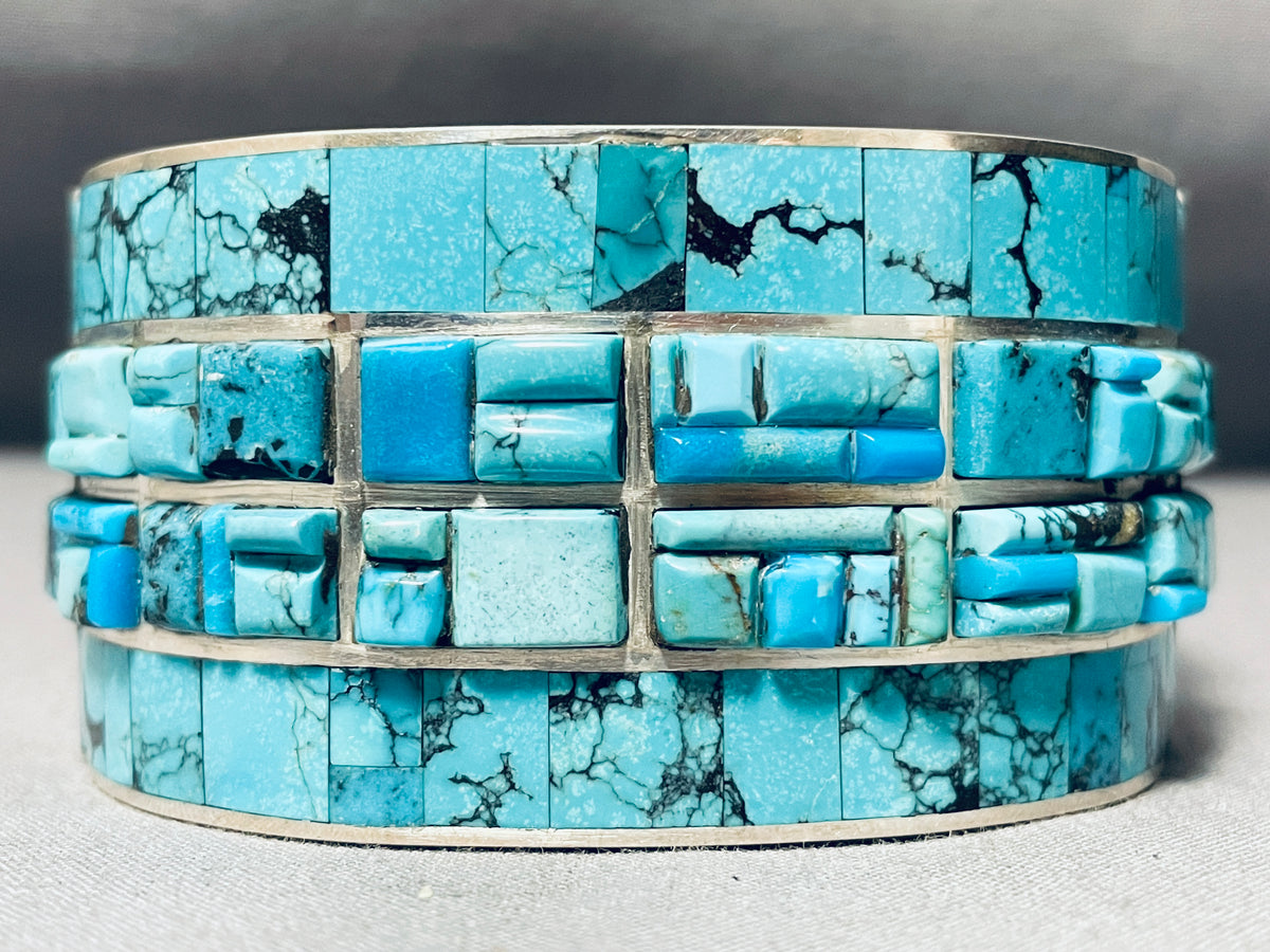 Opulent Native American Navajo Turquoise Inlay Sterling Silver Heavy B ...