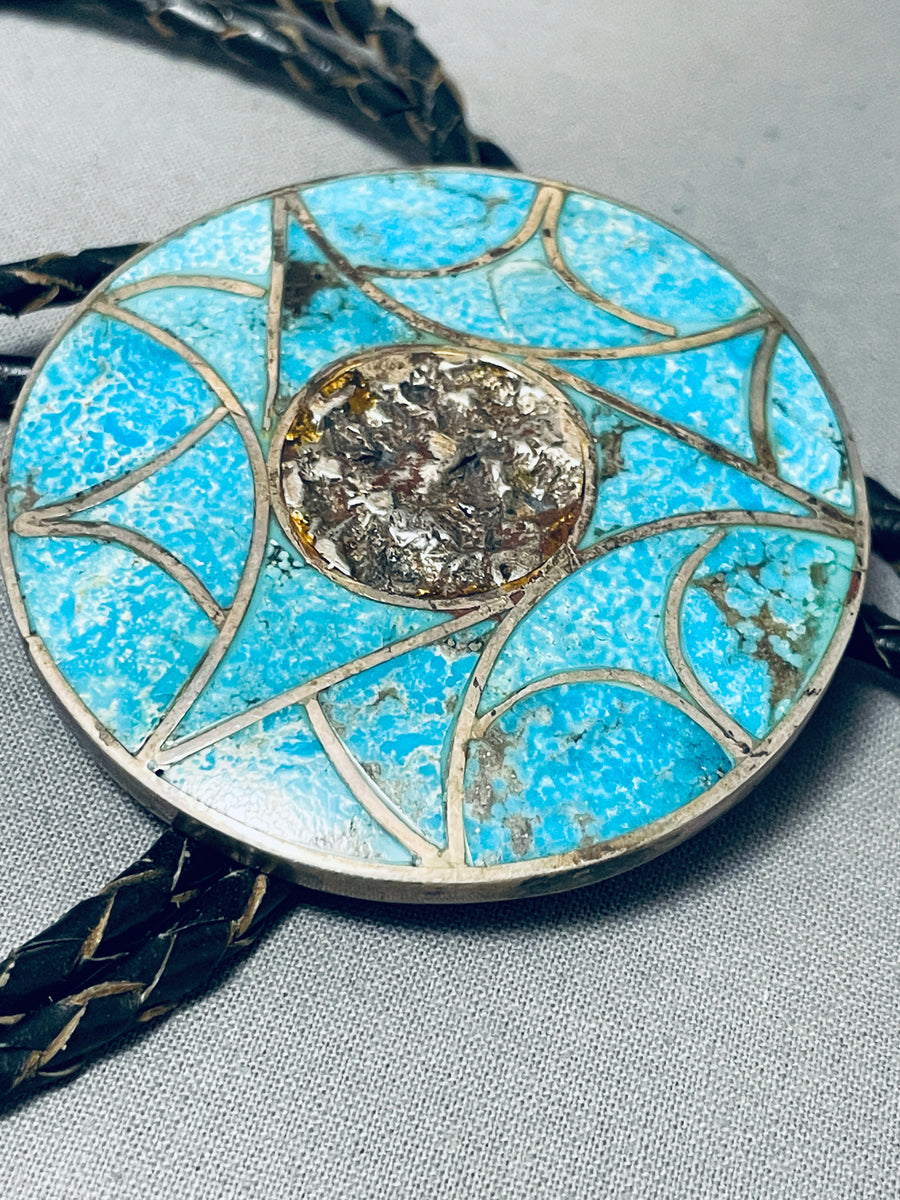 Brilliant Vintage Native American Zuni Blue Gem Turquoise Inlay Sterli ...