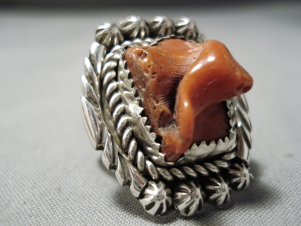 Chunky Huge Vintage Navajo Big Coral Sterling Silver Native American R ...