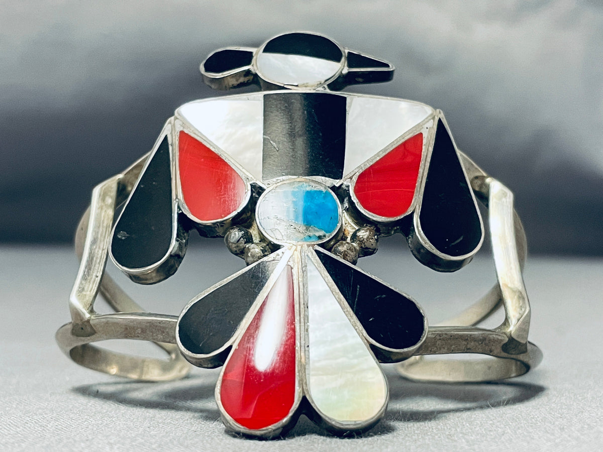 Amazing Vintage Native American Navajo Mother Of Pearl Sterling Silver  Thunderbird Bracelet