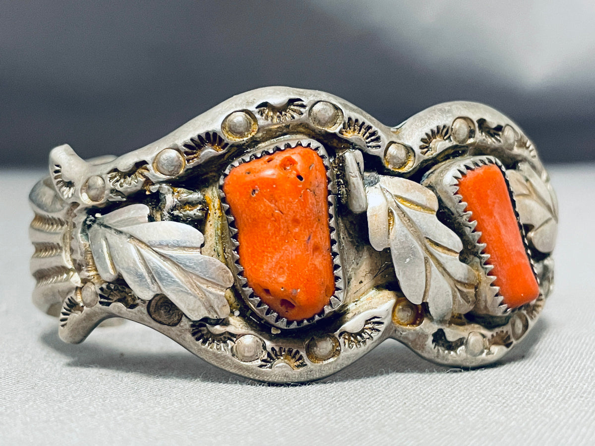 Chunky Coral Vintage Native American Navajo Sterling Silver Leaves Bra ...