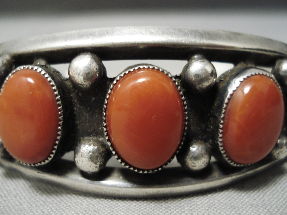 Chunky Red Coral Vintage Native American Navajo Sterling Silver Bracel ...
