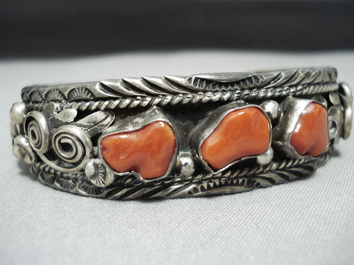 Chunky Signed Coral Vintage Native American Navajo Sterling Silver Bra ...