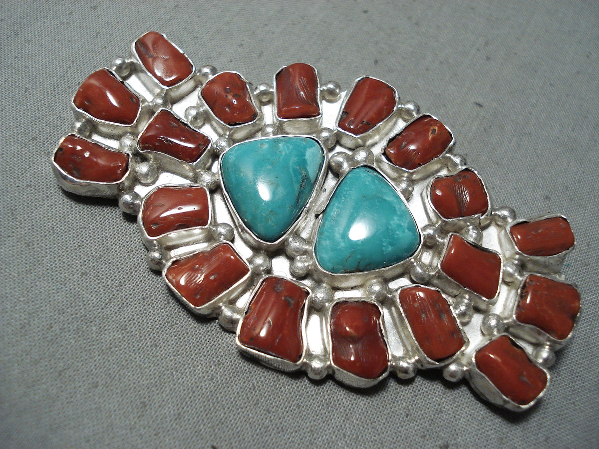 Chunky Vintage Native American Navajo Turquoise Coral Sterling Silver ...