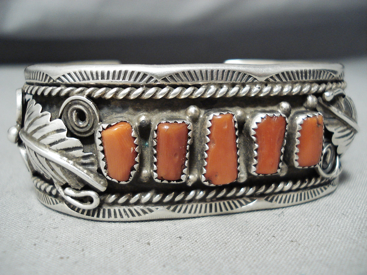 Detailed Wide Vintage Native American Navajo Coral Leaf Sterling Silve ...