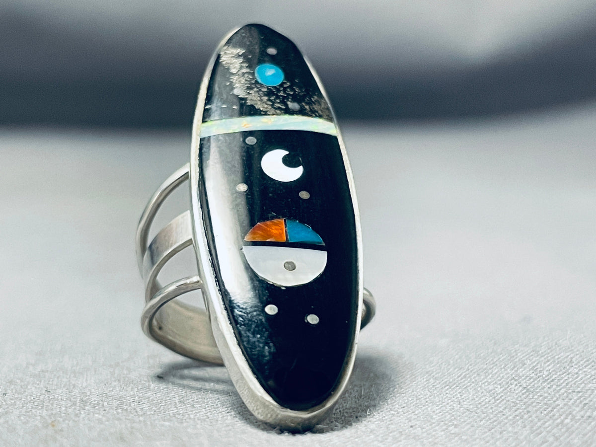 Fantastic Native American Navajo Jet Sterling Silver Ring Signed