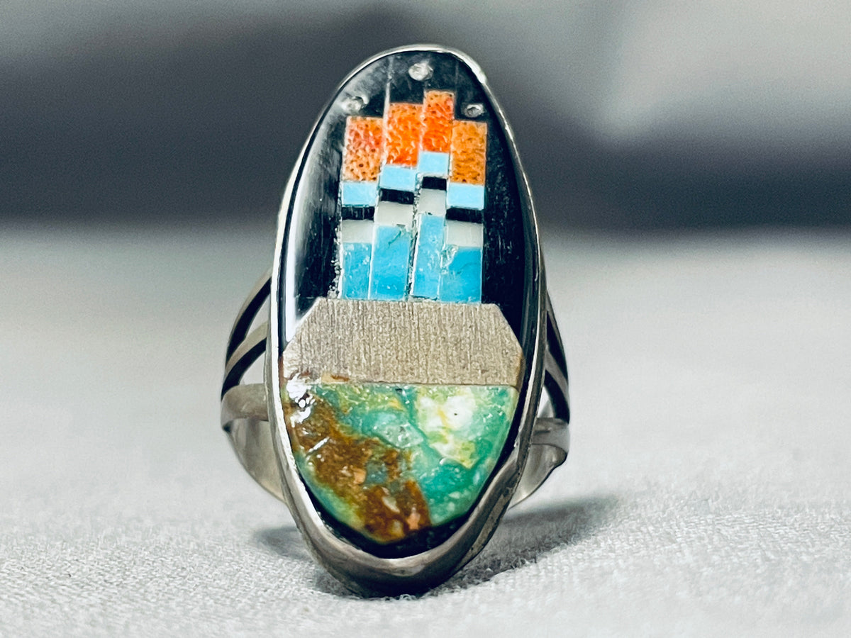 Order Native American ring: Inlay turquoise, coral, mother of pearl, handmade, mounted in sterling silver, in size 8. Native 4070 C