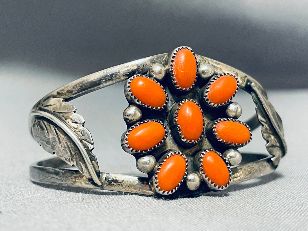 Flower Coral Vintage Native American Navajo Sterling Silver Leaf Brace ...