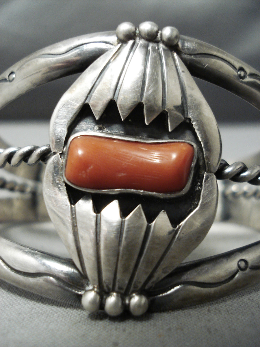 Heavy Vintage Native American Navajo Coral Sterling Silver Flank Brace ...