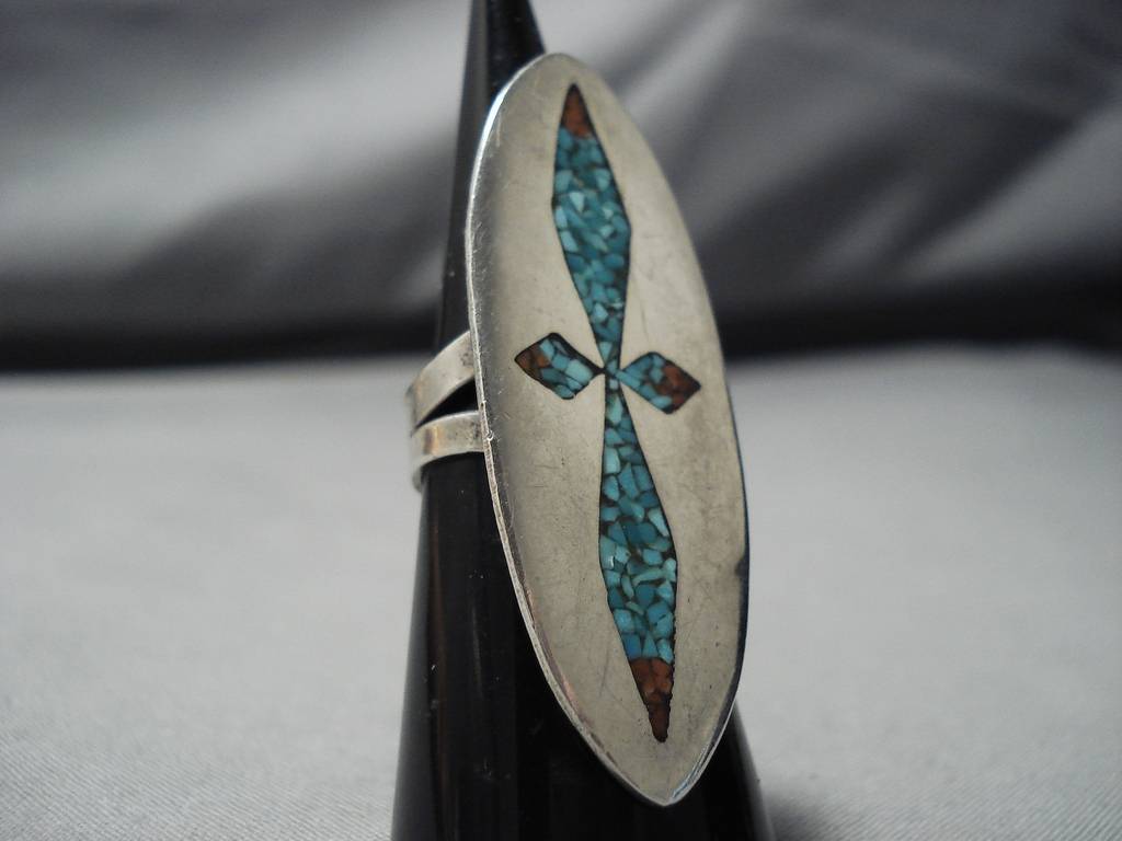 Huge Vintage Navajo Turquoise Coral Sterling Silver Native American Ri ...
