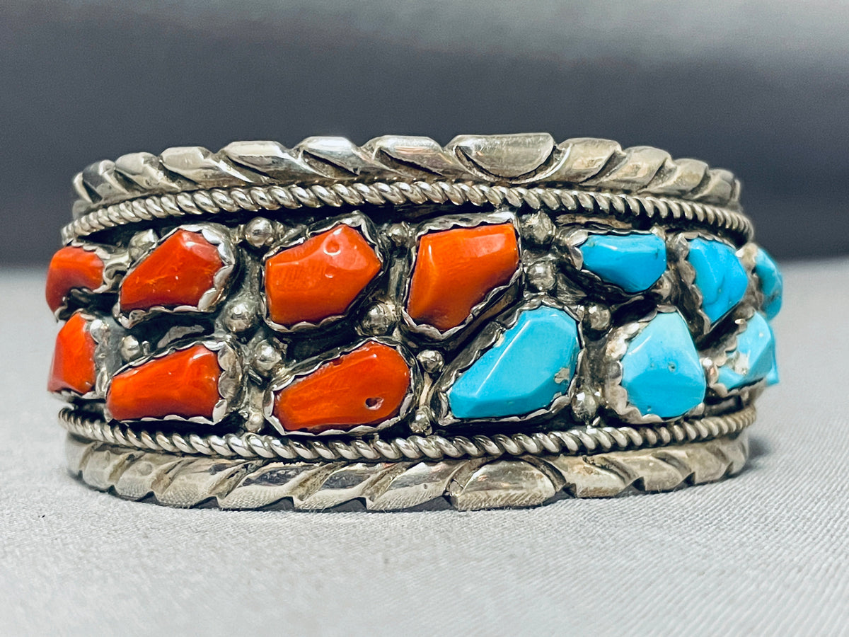 Native American Chunky Coral Turquoise Vintage Navajo Sterling Silver ...