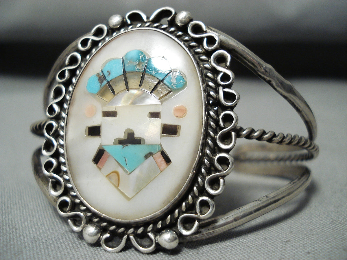 Native American Intricate Vintage Zuni Turquoise Clown Sterling Silver  Bracelet