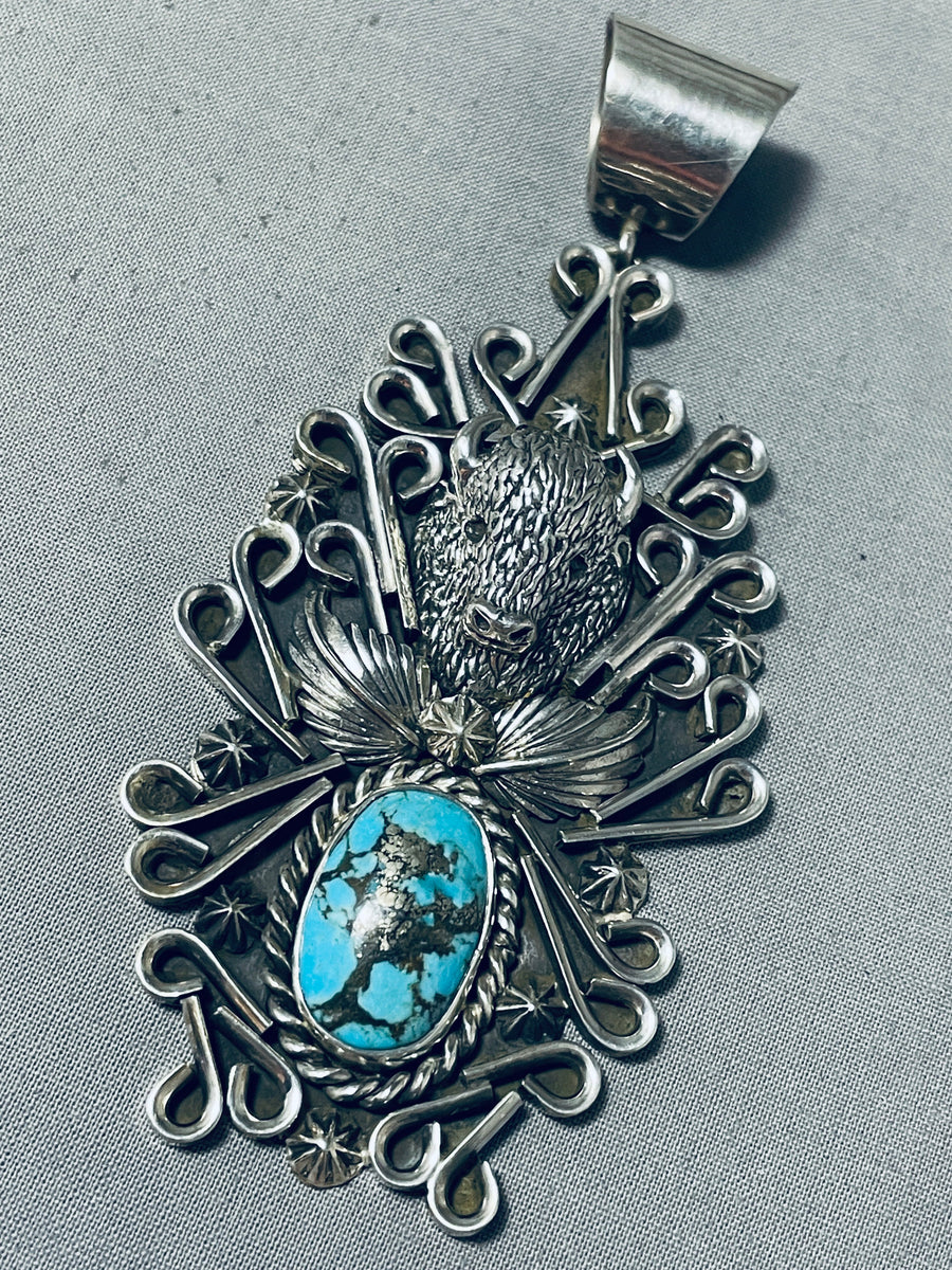 Ornate Native American Navajo Old Kingman Turquoise Sterling Silver Bu ...