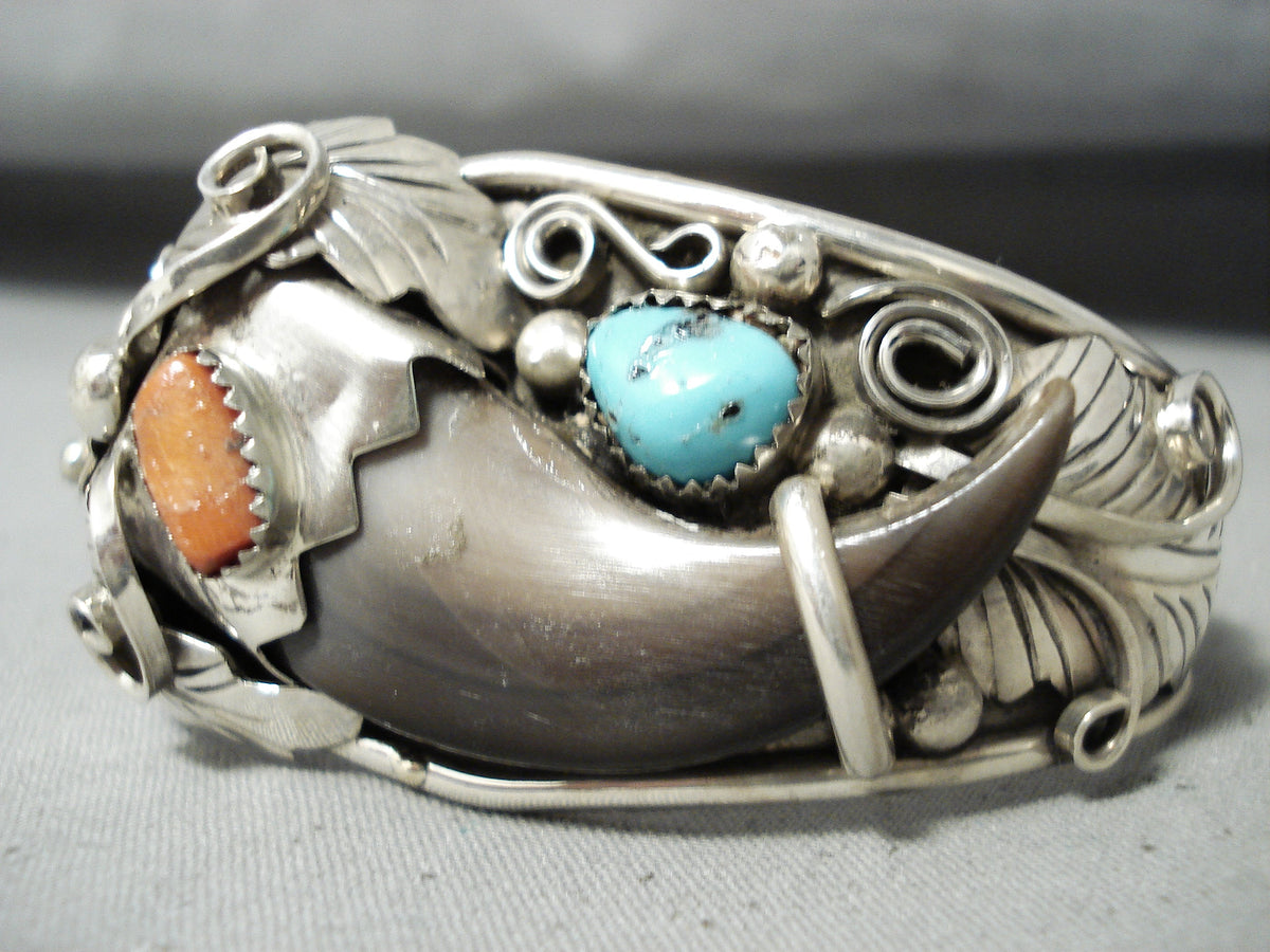 Signed Native American Navajo Turquoise Coral Sterling Silver Leaf Bra ...