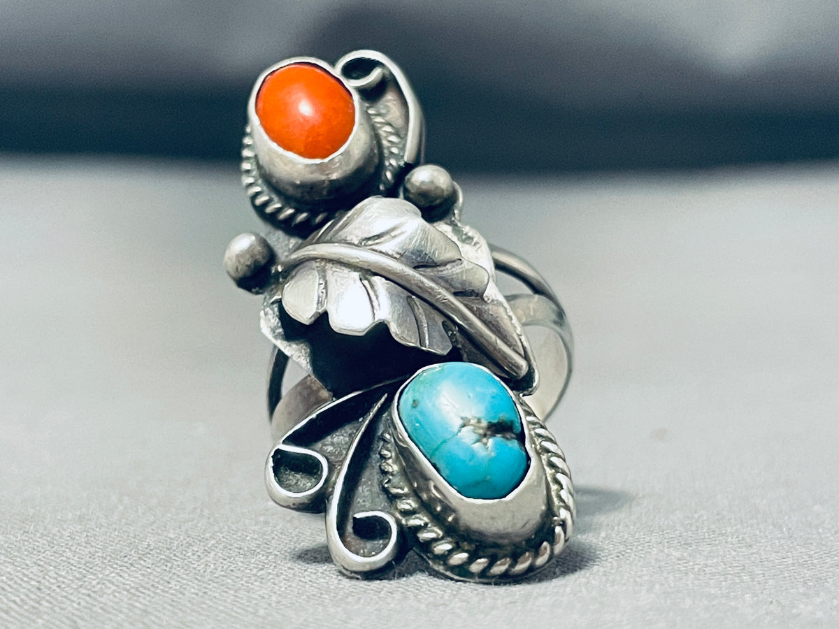 Vintage Native American Silver fashion Turquoise & Coral Ring Size 7.25 For Women