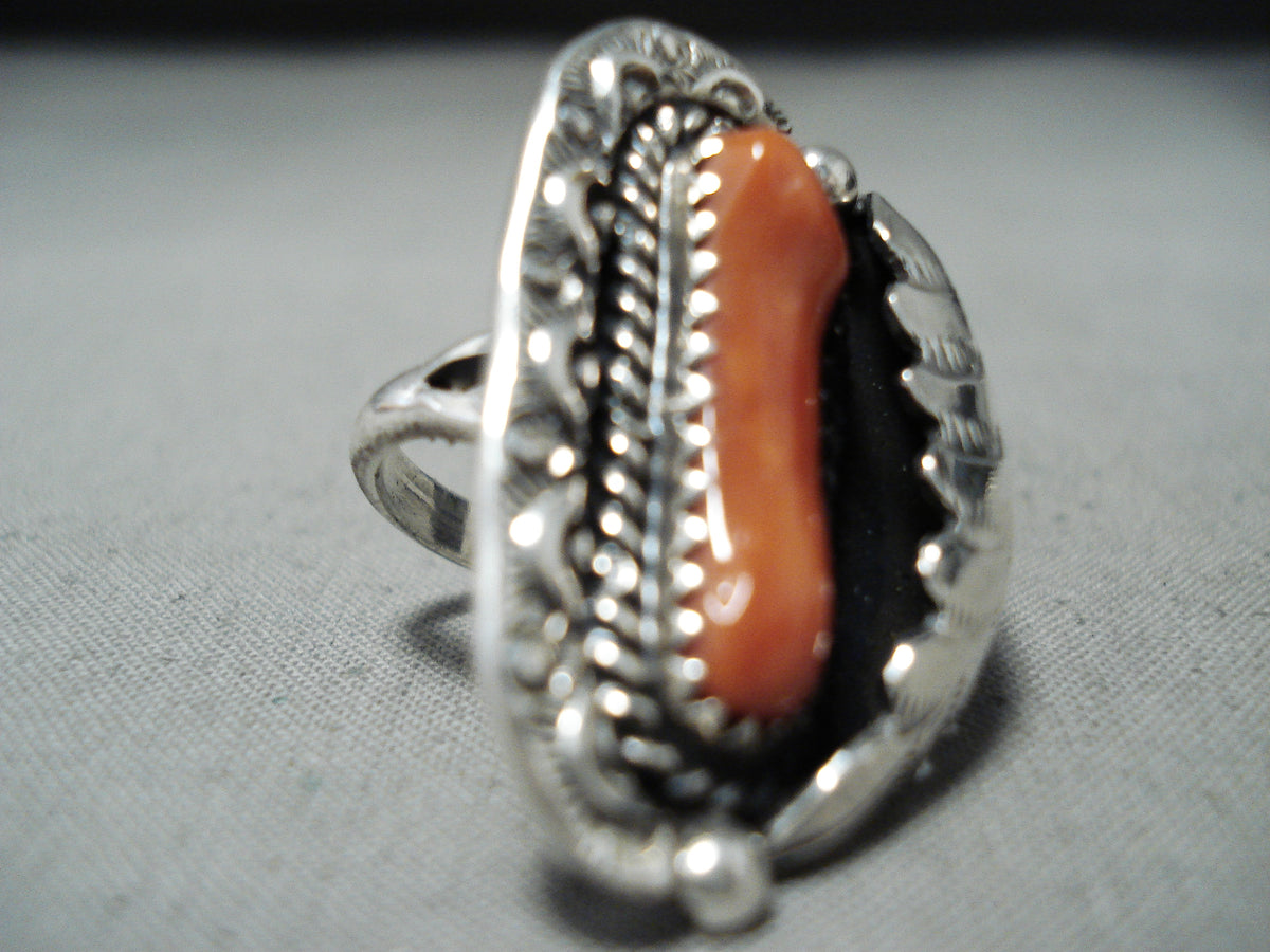 Stunning Leaf Vintage Native American Navajo Coral Sterling Silver Rin ...