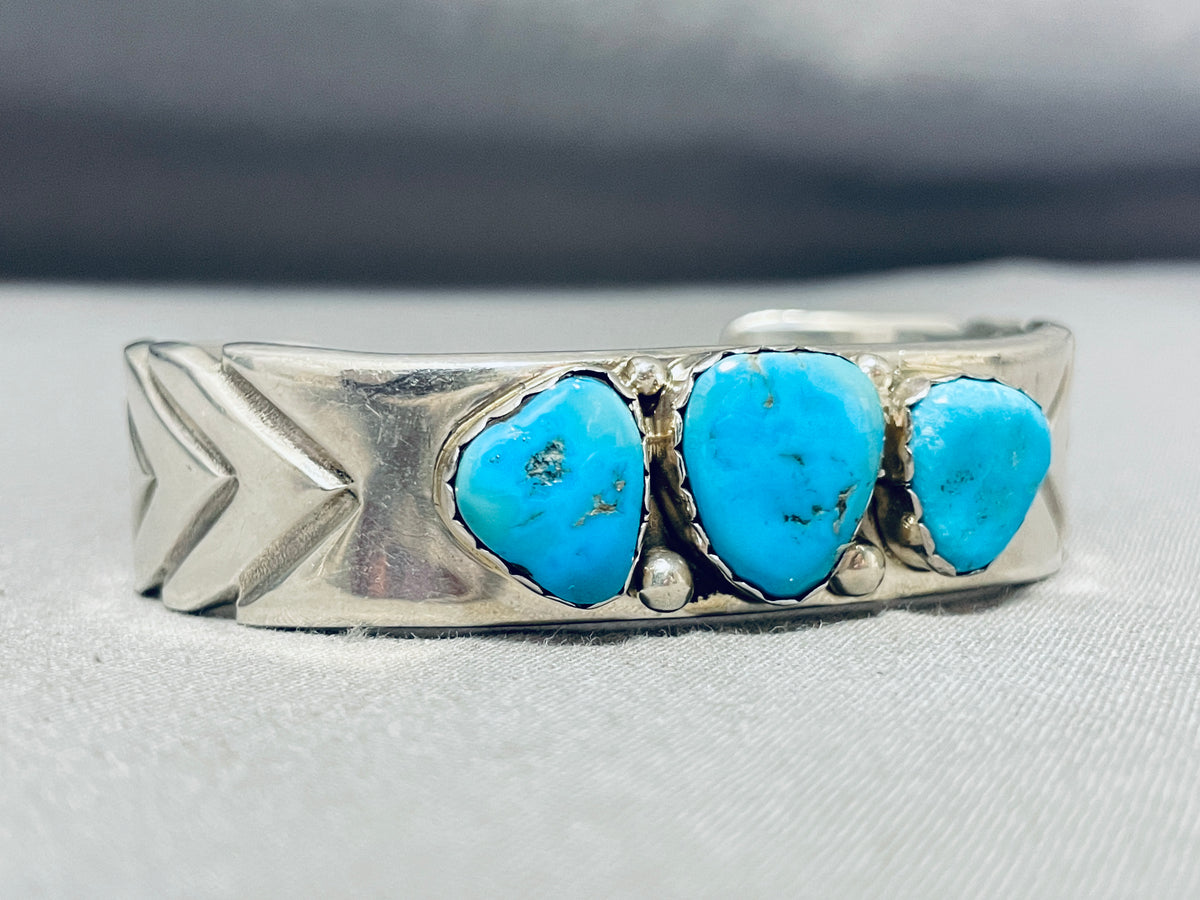 Superb Vintage Native American Navajo Signed 3 Kingman Turquoise Sterl ...