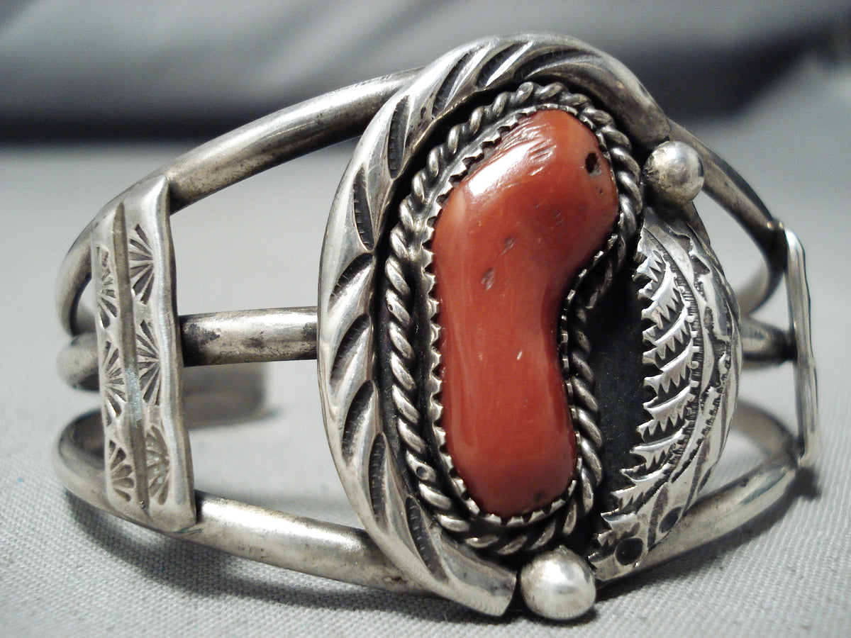 Huge Chunky Coral Vintage Native American Navajo Sterling Silver Leaf ...